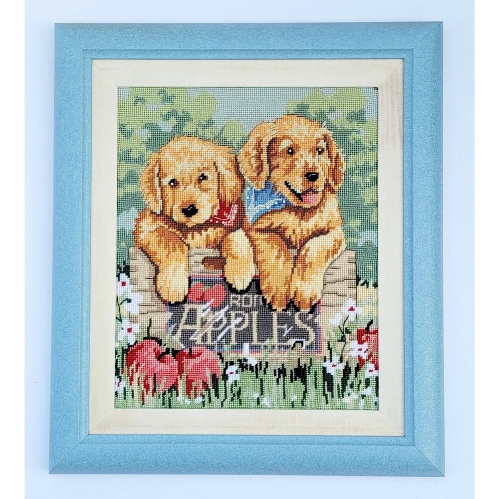 Vtg‎ Needlework Framed Golden Retrievers Puppies In Crate Handmade, Cross stitch